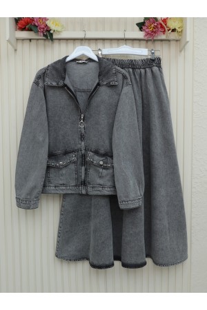 Boydan Fermuarlı Cebi Taş Detaylı Kot Takım  -Füme