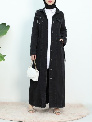 Stone Embroidered Waist Tie Pocket Denim Dress -Black