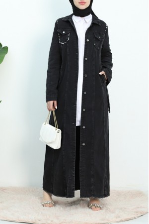 فستان من الدنيم بجيب على الخصر ومطرز بالأحجار -أسود