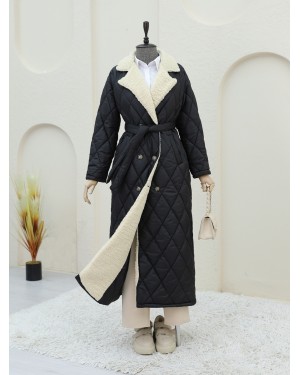 Buttoned Front Fur Lined Quilted Coat -Black