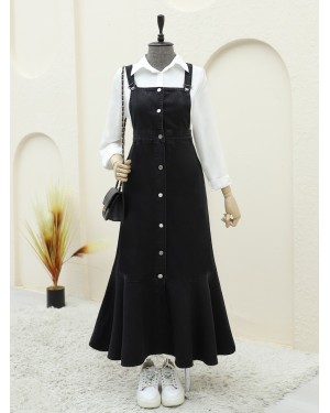 Önden Düğmeli Yan Cepli Eteği Fırfırlı Kot Jile -Siyah