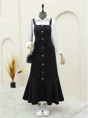 Front Buttoned Side Pocket Ruffle Skirt Denim Vest -Black