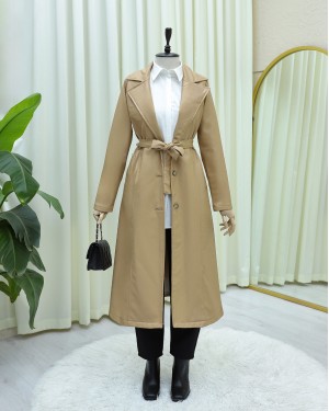 Lace-Up Buttoned Leather Trench Coat - Beige