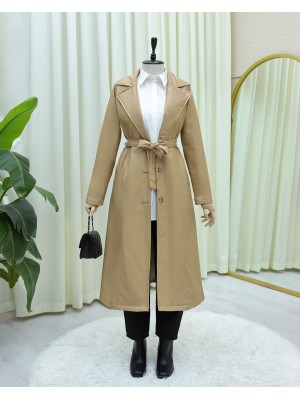 Bağcıklı Düğmeli Deri Trençkot -Bej