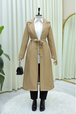 Bağcıklı Düğmeli Deri Trençkot -Bej