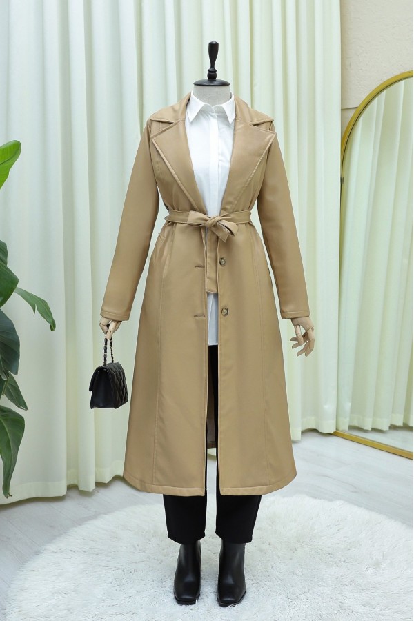 Lace-Up Buttoned Leather Trench Coat - Beige