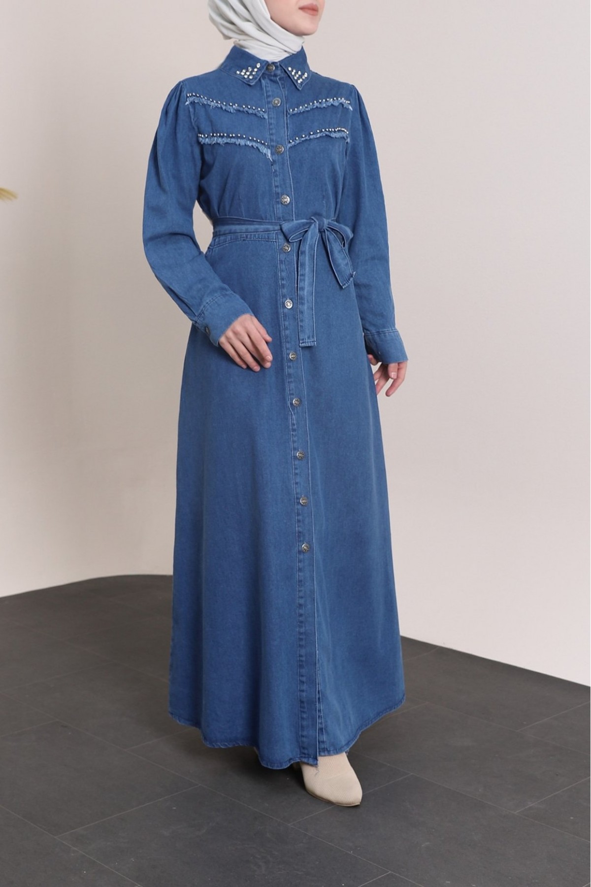 Vintage Denim Dress with Stones on the Collar and Chest -Dark blue