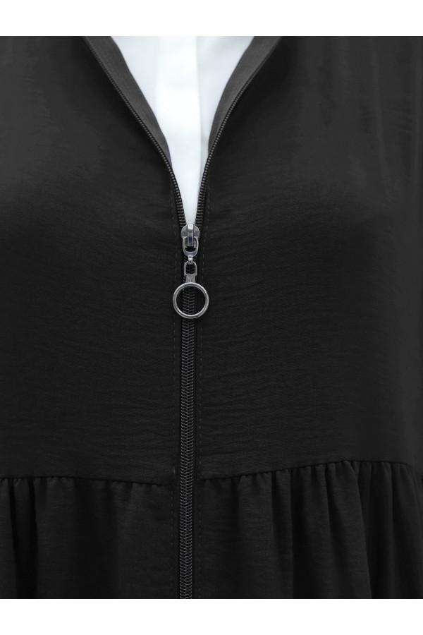 Ayrobin Abaya with Elasticated Sleeves and Zipper from the Neck -Black