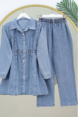 Beli Lastikli Boydan Düğmeli Ceket Pantolon Kot Takım -Buz Mavi