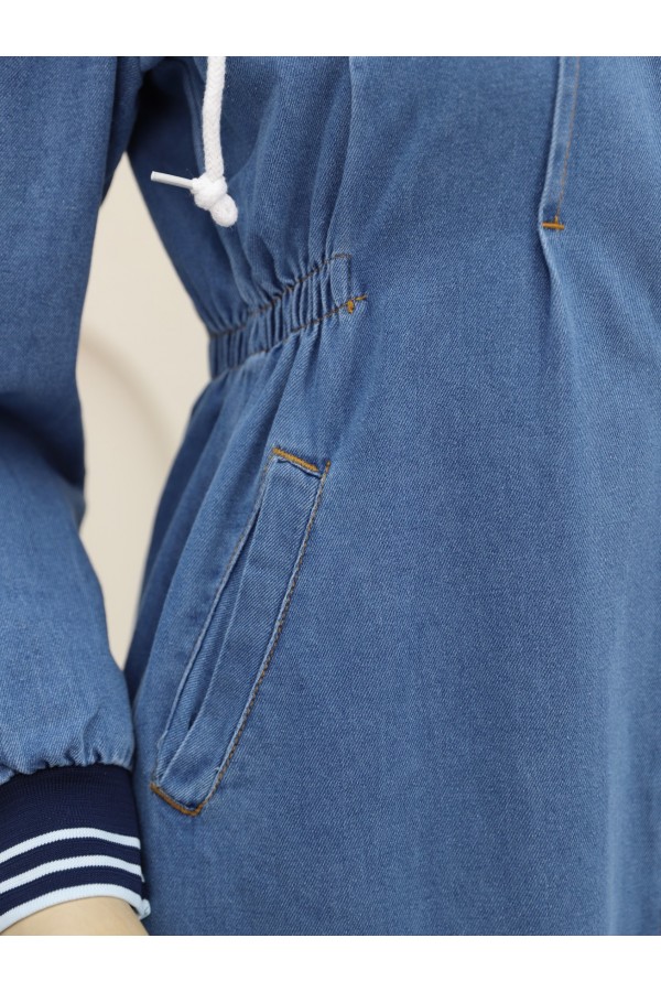Pleated Front, Elastic Side, Hooded Denim Coat -Dark blue