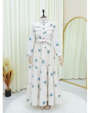 Half Buttoned Sectional Linen Dress with Ruffle Front  -Oil color