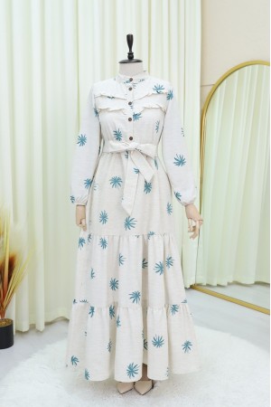 Half Buttoned Sectional Linen Dress with Ruffle Front  -Oil color