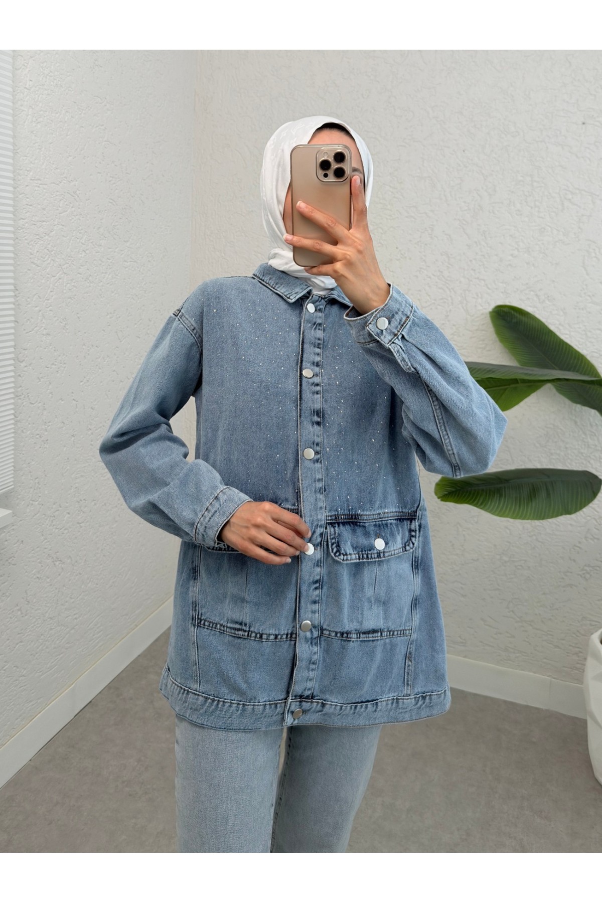 Denim Jacket with Flap Pocket and Sprinkled Stone Detail -Ice Blue