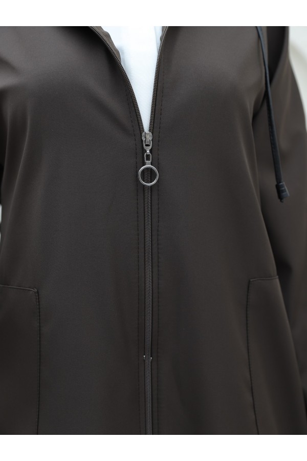 Metal Detailed Zippered Hooded Trench Coat  -Brown