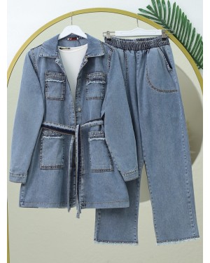 Taş Detaylı Ceket Pantolon Kot Takım -Buz Mavi