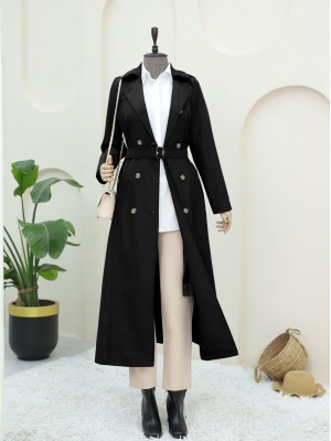 Çift Düğmeli Kemerli Trençkot -Siyah