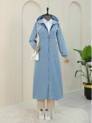 Yan Cepli Kolu Lastikli Kapşonlu Kot Kap -Açık Mavi