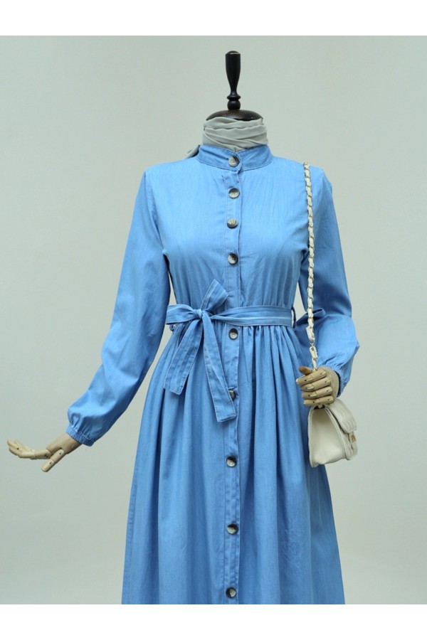 Elastic Waist, Lace-Up, Buttoned Denim Dress -Light blue