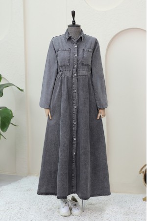 فستان جينز بخصر مطاطي وجيب جانبي -لون مدخن