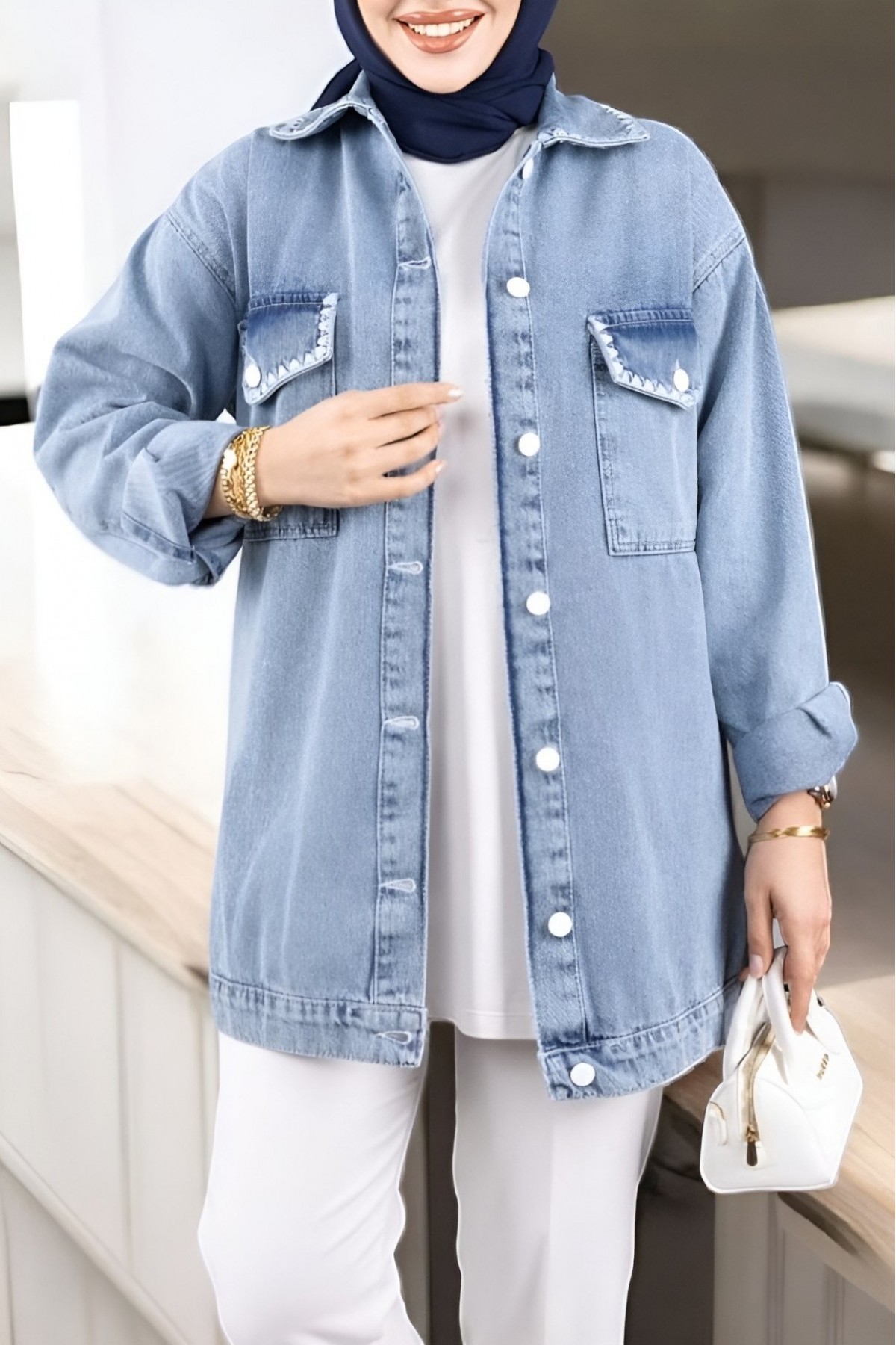 Flap Pocketed Pointed Denim Jacket -Ice Blue