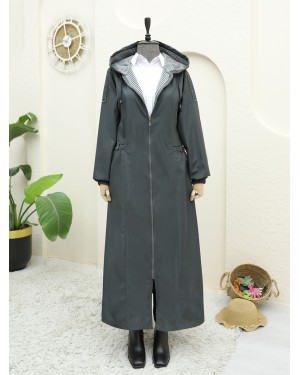 Long Trench Coat with Snap Pocket and Full Zipper -Anthracite