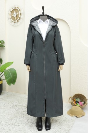 Cebi Çıtçıtlı Boydan Fermuarlı Uzun Trençkot -Antrasit