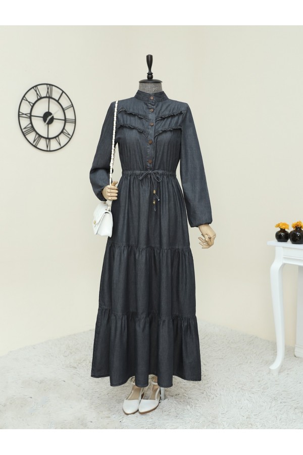 Half Buttoned Front Frilly Pieced Jeans Dress   -Anthracite