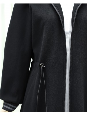 Kapşonlu Beli Lastikli Cepli Kaşe Kaban -Siyah