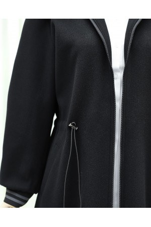 Kapşonlu Beli Lastikli Cepli Kaşe Kaban -Siyah