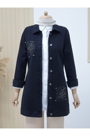 Önü Taş Detaylı Çift Cepli Kot Ceket -Siyah