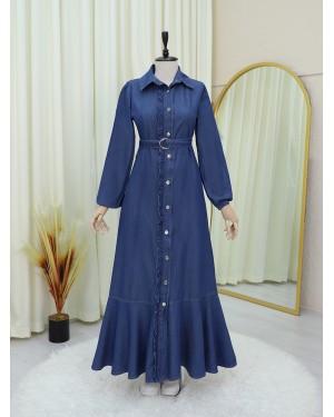 Buttoned Ruffle Belted Denim Dress -İndigo