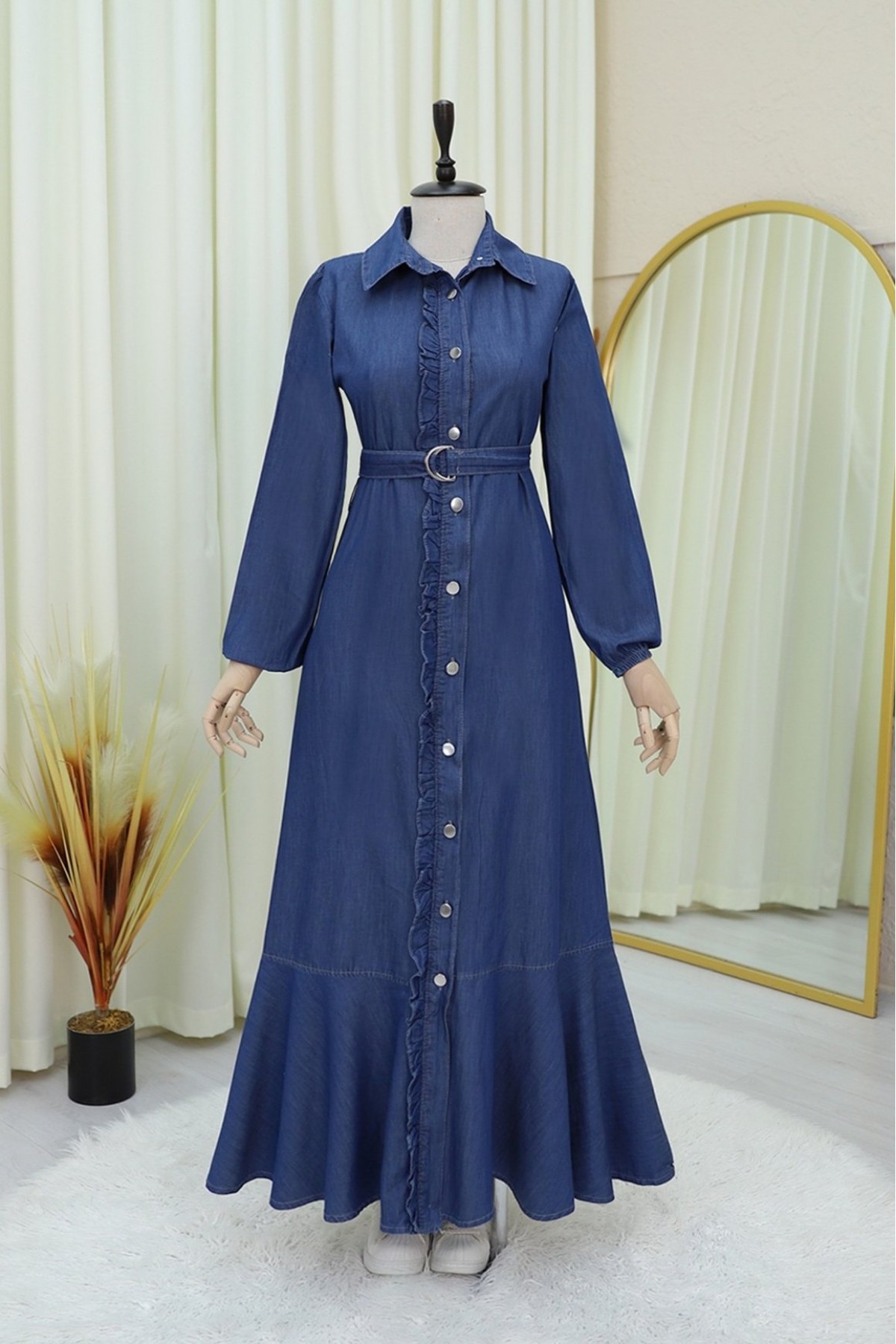 Buttoned Ruffle Belted Denim Dress -İndigo