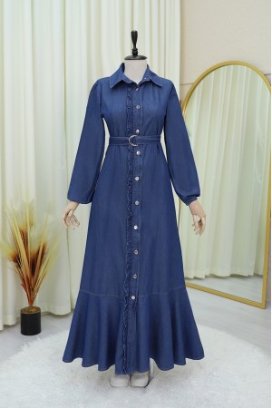 Buttoned Ruffle Belted Denim Dress -İndigo
