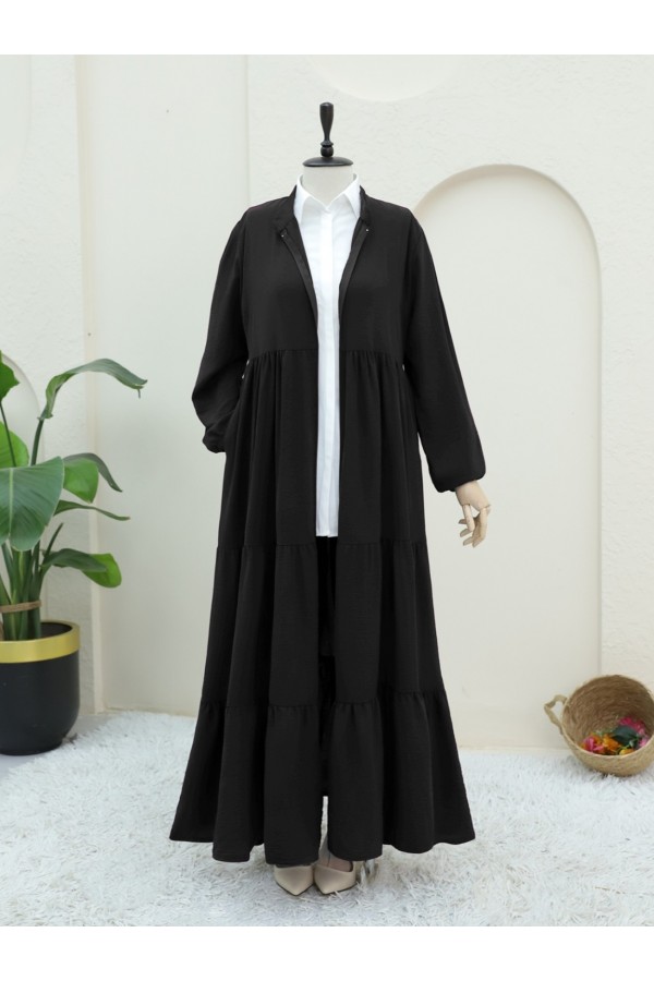 Ayrobin Abaya with Elasticated Sleeves and Zipper from the Neck -Black