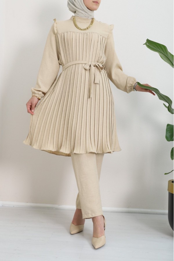 Yoke Pleated Waist Tied Double Suit - Beige
