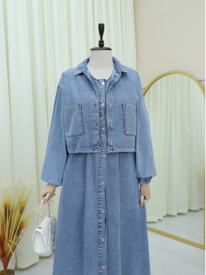 Beli Lastikli Boydan Düğmeli Jile Ceket Takım -Buz Mavi