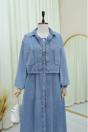 Beli Lastikli Boydan Düğmeli Jile Ceket Takım -Buz Mavi