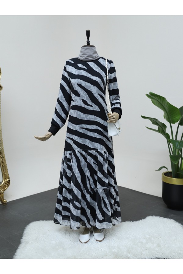 Zebra Pattern Skirt Partial Lined Chiffon Dress -Black