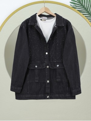 Serpme Taş Detaylı Kapaklı Cepli Kot Ceket -Siyah