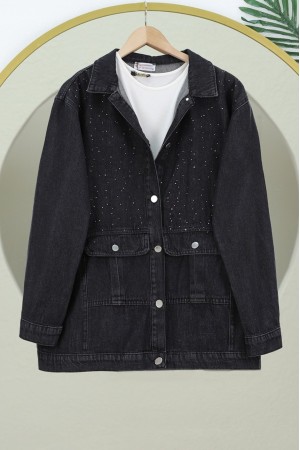 Denim Jacket with Flap Pocket and Sprinkled Stone Detail -Black