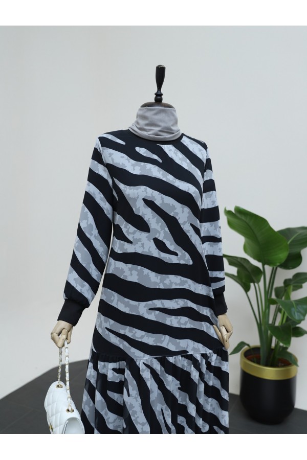 Zebra Pattern Skirt Partial Lined Chiffon Dress -Black