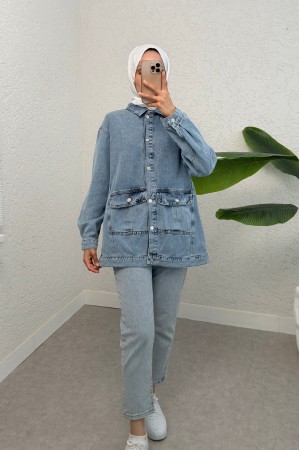 Denim Jacket with Flap Pocket and Sprinkled Stone Detail -Ice Blue
