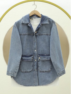 Torba Cepli Oval Kesim Kot Gömlek Ceket -Buz Mavi