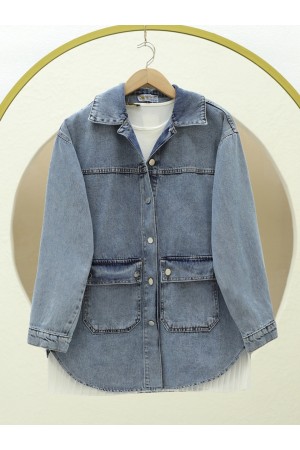 Oval Cut Denim Shirt Jacket with Pockets -Ice Blue