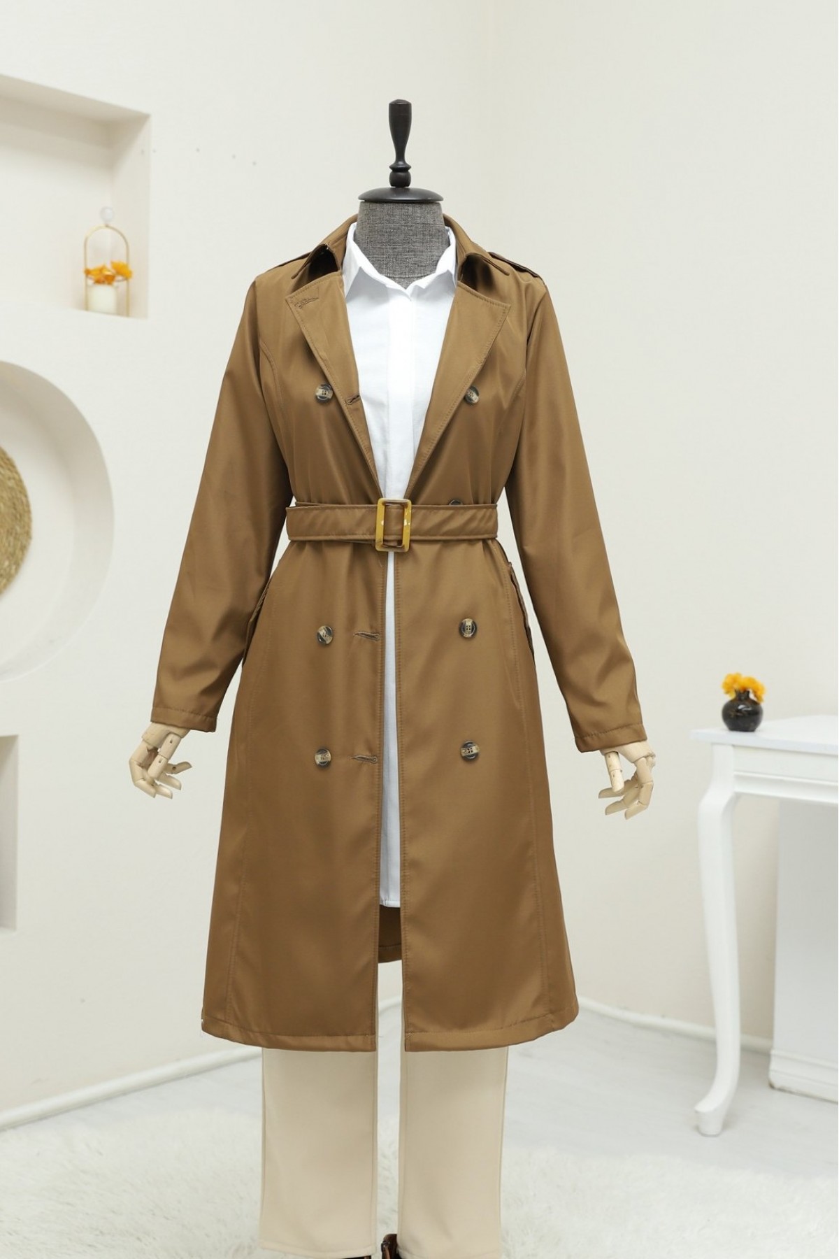 Buttoned Belted Mid Length Trench Coat -Snuff