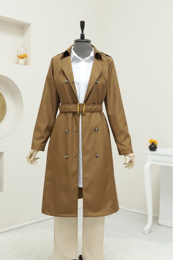 Buttoned Belted Mid Length Trench Coat -Snuff