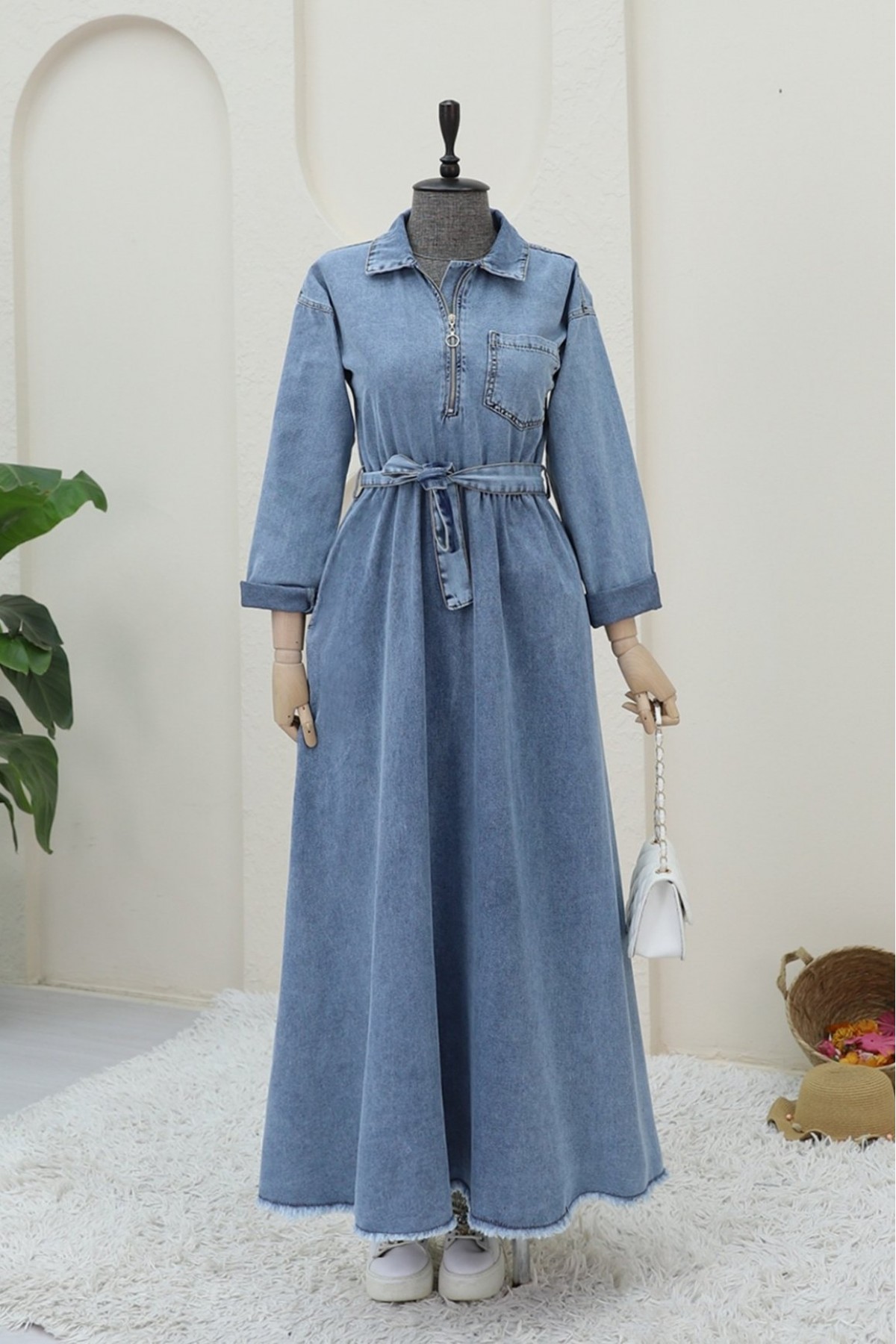 Half Zippered Waist Tie Pocket Denim Dress -Ice Blue