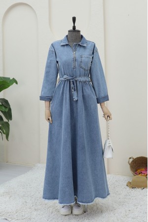 Yarım Fermuarlı Beli Bağlamalı Cepli Kot Elbise -Buz Mavi