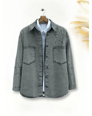 Yıldız Taş Baskılı Çift Cepli Kot Ceket -Füme