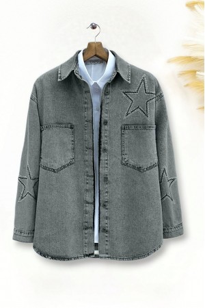 Star Stone Printed Double Pocket Denim Jacket -Smoked 